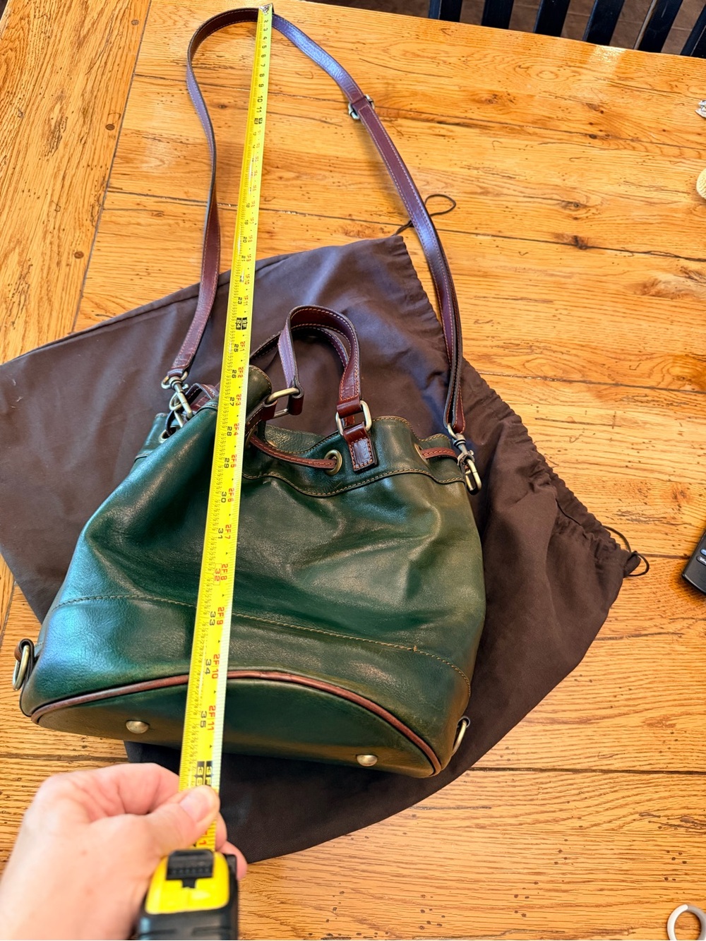 Time Resistance Green Italian Leather Drawstring Bucket Bag with Brown Trim - Picture 14 of 15